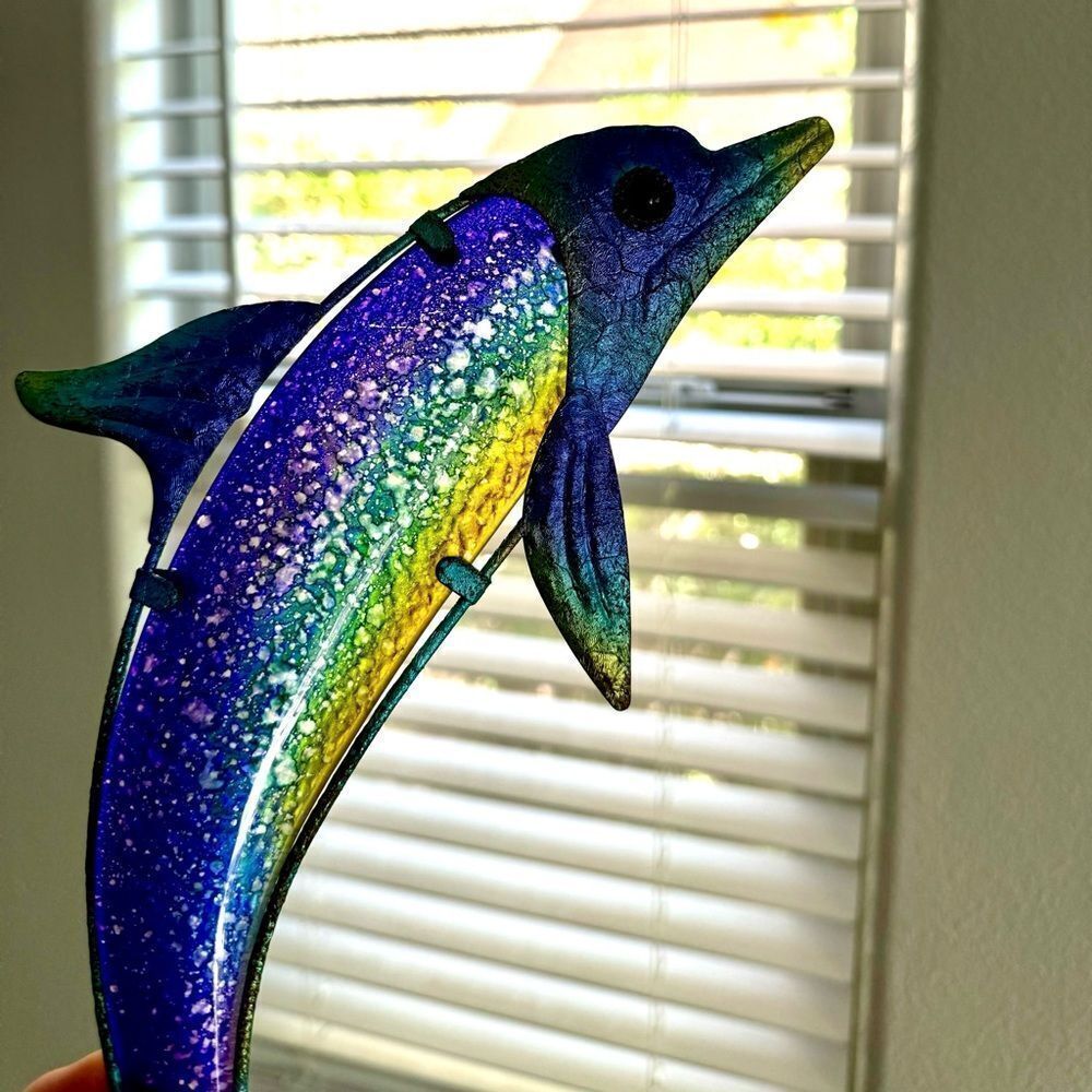 RARE OSALAD Garden Animal of Metal Dolphin Wall Artwork with Blue Painting Glass - Picture 4 of 7